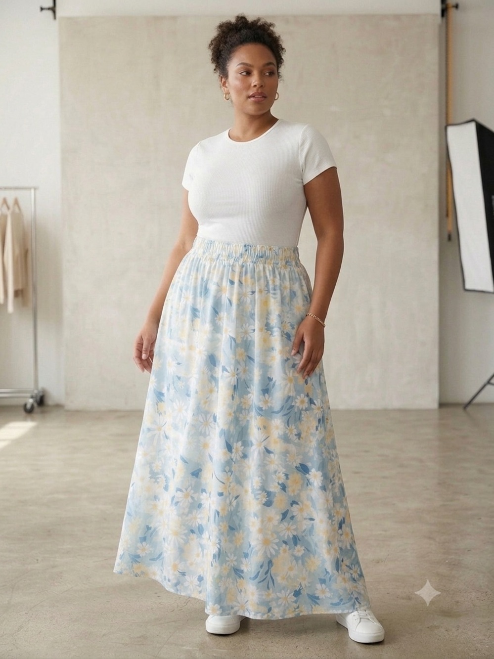 Floral Maxi Skirt Blue White Yellow Daisy Print Elastic Waist 2X